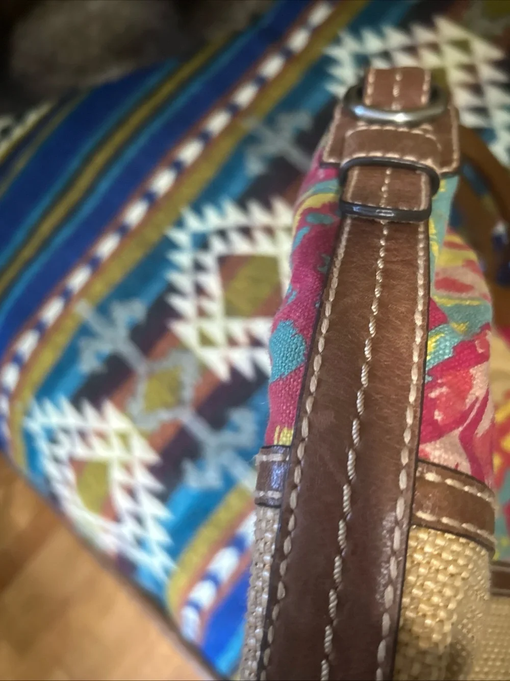 Fossil Wooden Handle Floral Canvas & Leather Trim Woven Crossbody Bag Satchel